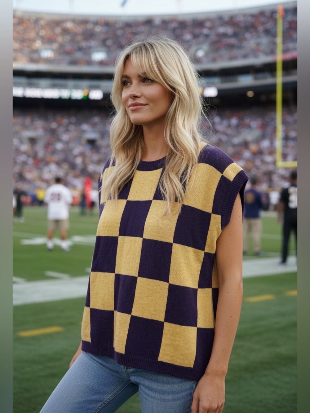 056. Dark purple/gold checkered sweater vest